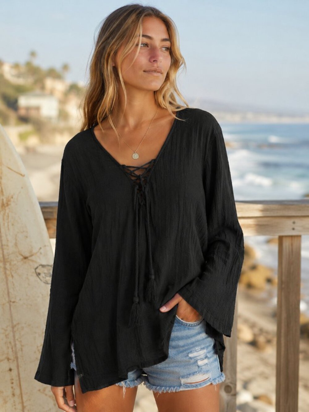 Billabong Black Tunic Top Boho Beach Coverup Gauze Cotton Lace Up Medium